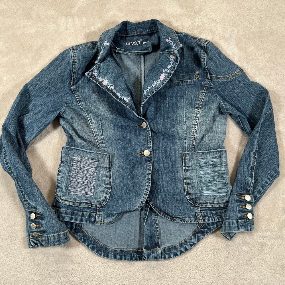 Revolt Jeans Co Denim Blazer Jacket Womens XL Blue Floral Embroidered Hippie Y2K